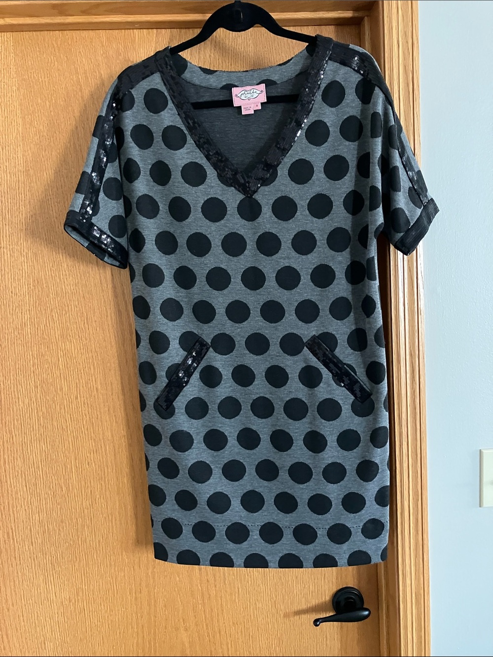 Phoebe Couture Gray Dress with Black Polka Dots